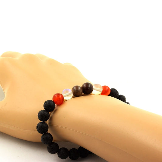 Ruby, Burma, + Titanium Quartz + Mahogany Obsidian + Lava Bracelet