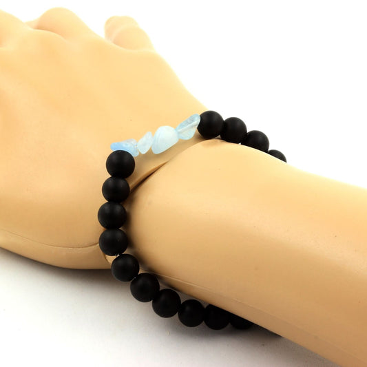 Aquamarine from Brazil + Matte black Onyx Bracelet 8 mm Beads.