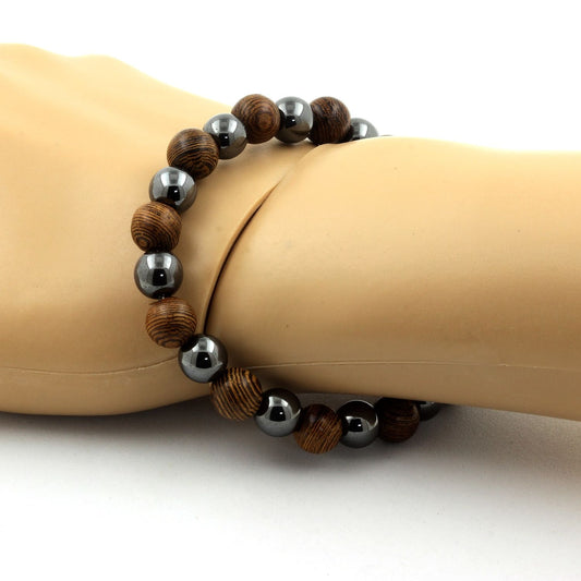 Wood + Hematite Bracelet 8 mm Beads.