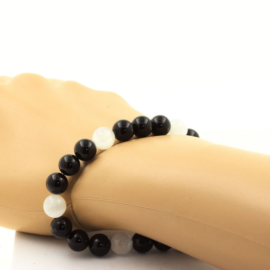 Selenite from Morocco + Black Agate Bracelet 8 mm Beads.