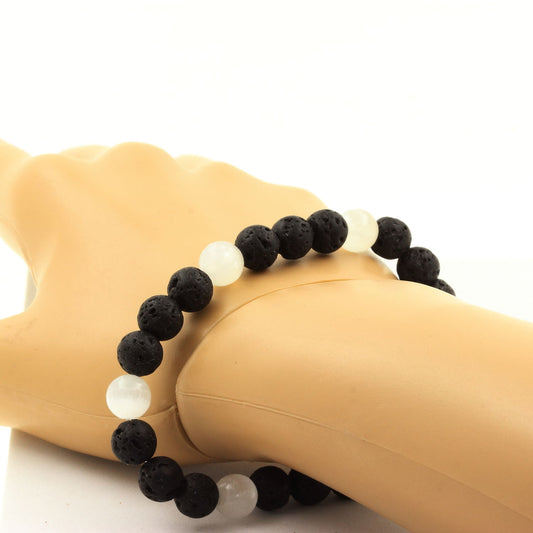 Selenite from Morocco + Lava Bracelet 8 mm Beads.