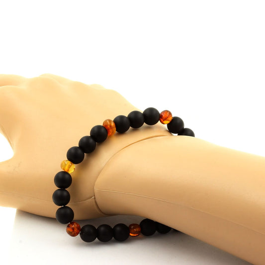 Genuine Baltic Sea Amber Beads + Matte black Onyx Bracelet 8 mm Beads.