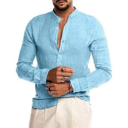 2022 Fashion New Men's Solid Color Linen Long Sleeve Shirt Stand