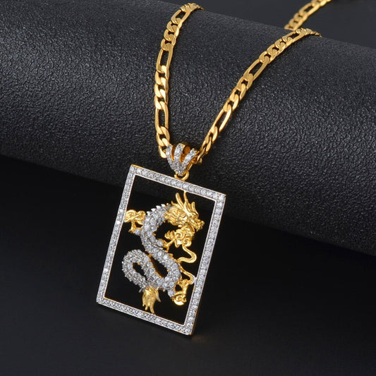 Anniyo Cubic Zirconia Auspicious Dragon Pendant Necklaces for Men