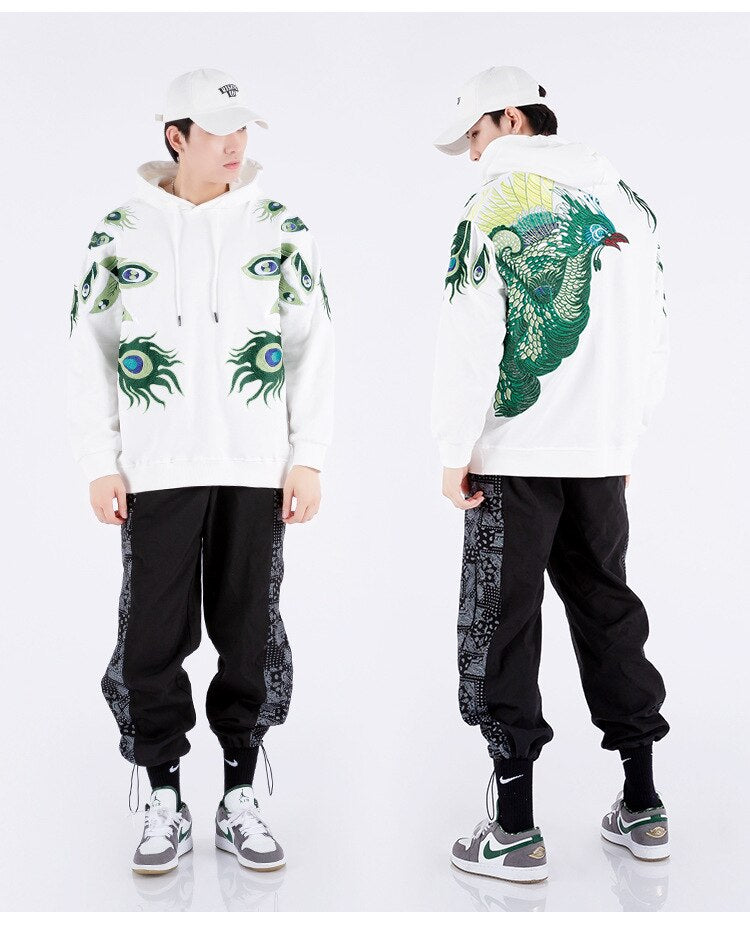 Autumn and Winter Heavy Industry Embroidery Peacock Hoodie Men's