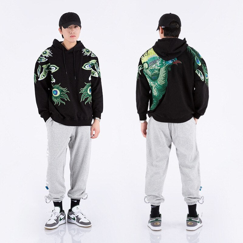 Autumn and Winter Heavy Industry Embroidery Peacock Hoodie Men's