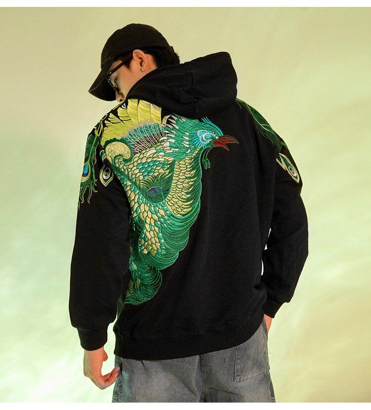 Autumn and Winter Heavy Industry Embroidery Peacock Hoodie Men's