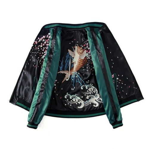 Harajuku Yokosuka Carp Embroidered Jacket Unisex Loose Baseball Coat