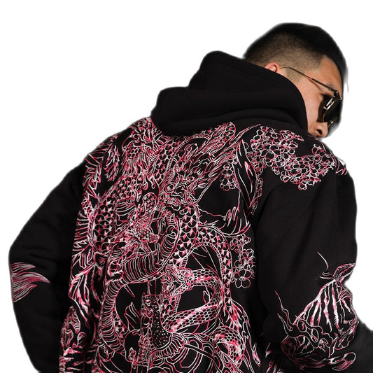 High Street Pink Gold Dragon Embroidery Heavy Work Hooded Cardigan
