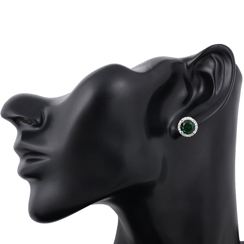 LXOEN Fashion Round Zircon Women Stud Earrings With Green Stone Silver