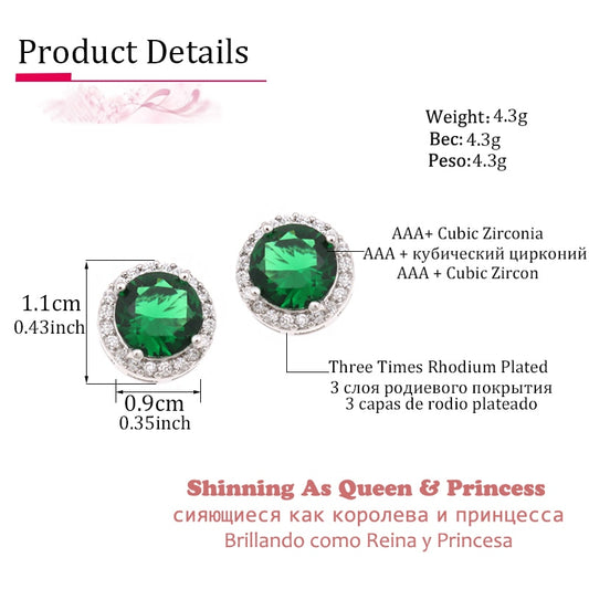 LXOEN Fashion Round Zircon Women Stud Earrings With Green Stone Silver