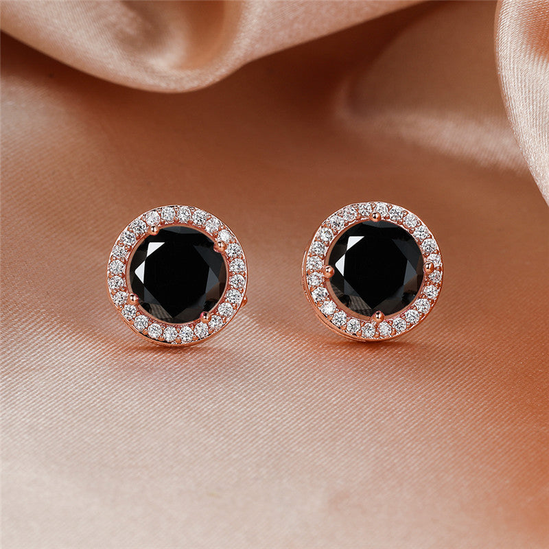 Luxury Cute Round Black Stone Stud Earrings Vintage Fashion