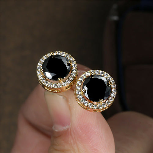 Luxury Cute Round Black Stone Stud Earrings Vintage Fashion
