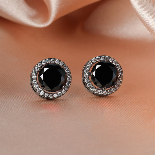 Luxury Cute Round Black Stone Stud Earrings Vintage Fashion