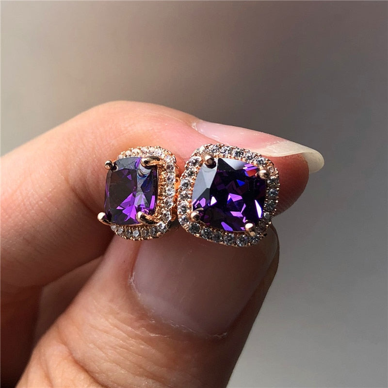 Luxury Female Crystal Purple Stone Earrings Fashion Rose Gold Zircon