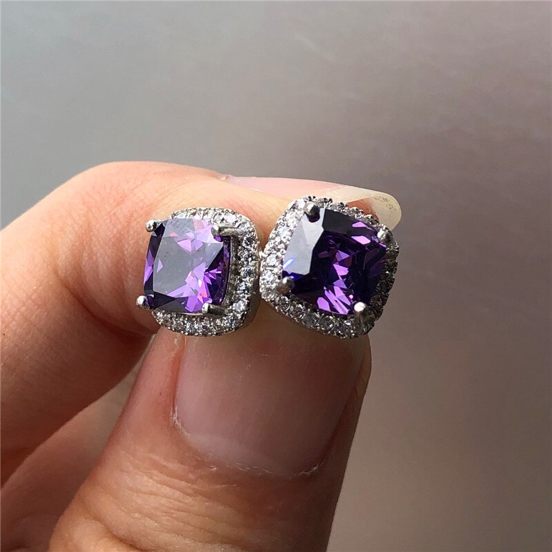 Luxury Female Crystal Purple Stone Earrings Fashion Rose Gold Zircon