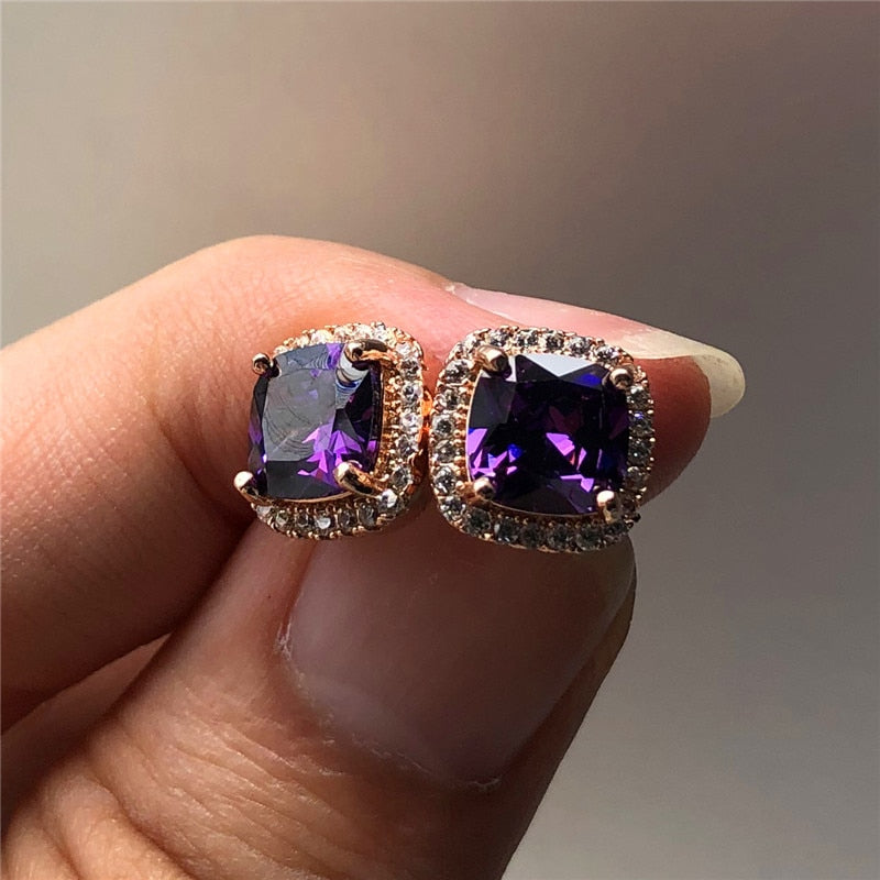 Luxury Female Crystal Purple Stone Earrings Fashion Rose Gold Zircon