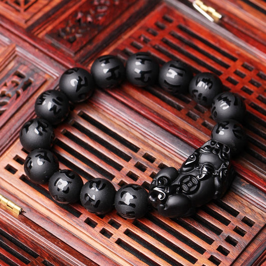 Natural Black Obsidian Matte PiXiu Beaded Charm Bracelet Brave Troops