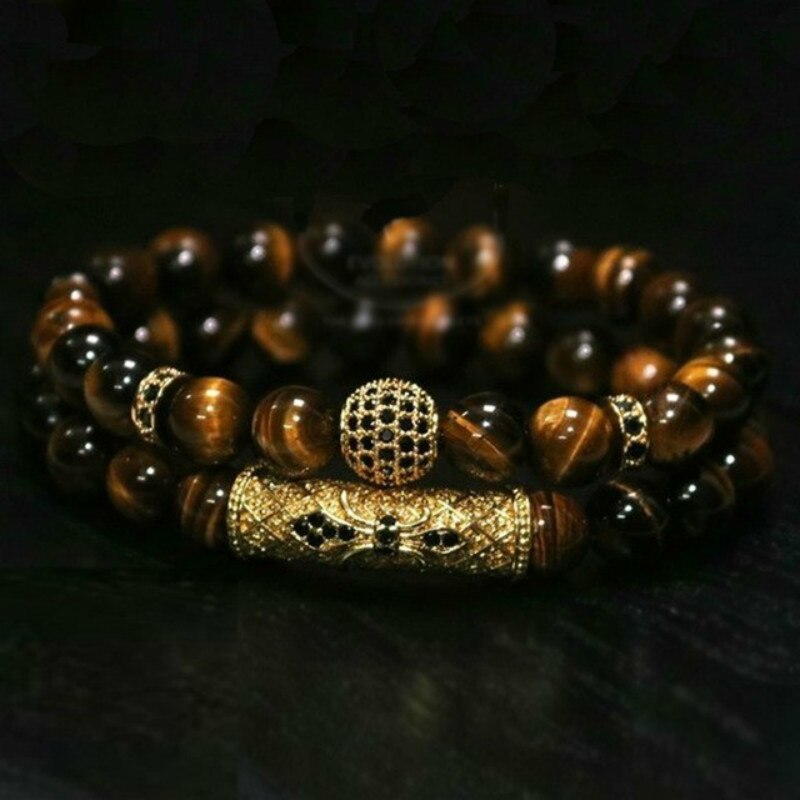 New Fashion 2 Pcs/set Men Bracelet Sets Natural Tiger Eye Stone Bead