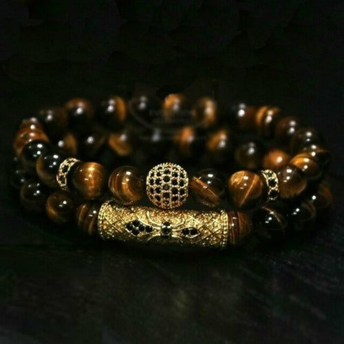 New Fashion 2 Pcs/set Men Bracelet Sets Natural Tiger Eye Stone Bead