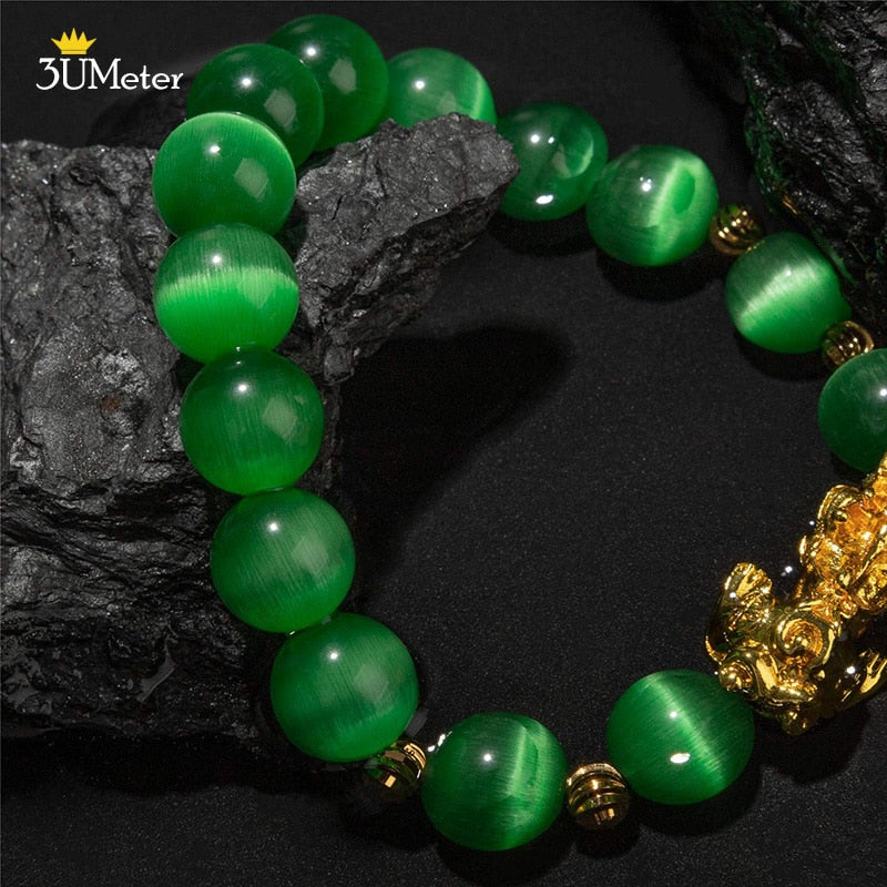 New Pixiu Bracelet Green Natural Cat Eye Bead Bracelet Feng Shui Gold