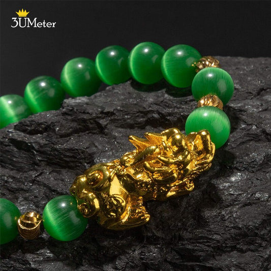New Pixiu Bracelet Green Natural Cat Eye Bead Bracelet Feng Shui Gold