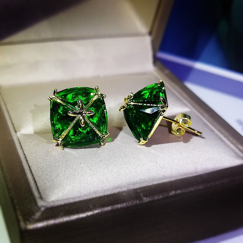 Luxury Zircon Earrings Yellow Gold with GREEN emerald stone Color