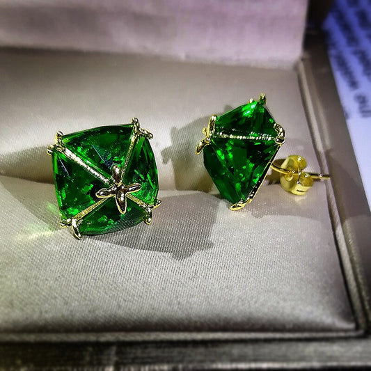 Luxury Zircon Earrings Yellow Gold with GREEN emerald stone Color