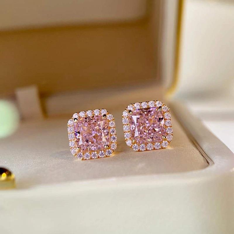 Princess Cut Pink Rose Stone Stud Earrings