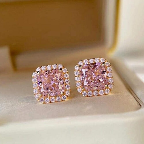 Princess Cut Pink Rose Stone Stud Earrings
