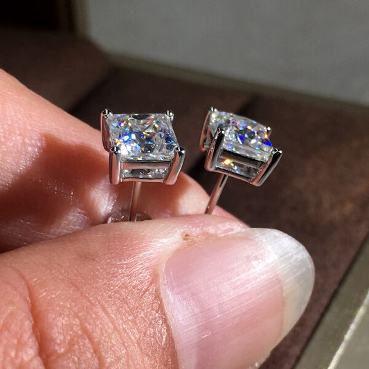 Princess Cut White Zircon Square Stud Earrings Luxury Crystal Stone
