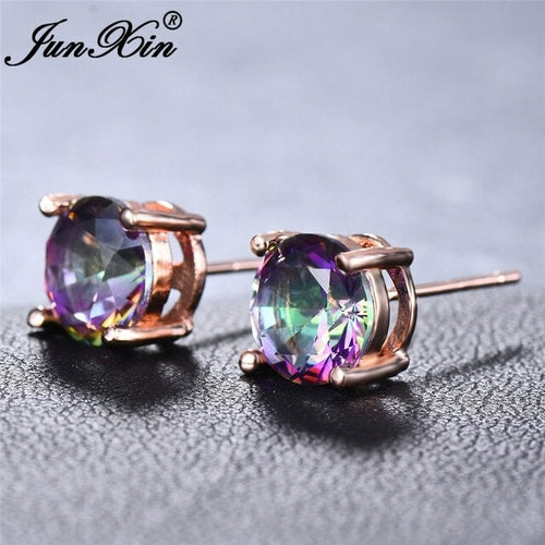 Rainbow Fire Crystal Stone Round Earrings Rose Gold Mystic Red Blue