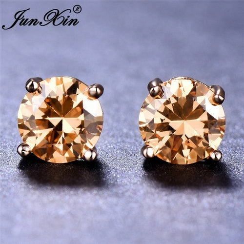 Rainbow Fire Crystal Stone Round Earrings Rose Gold Mystic Red Blue