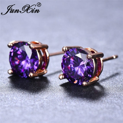 Rainbow Fire Crystal Stone Round Earrings Rose Gold Mystic Red Blue