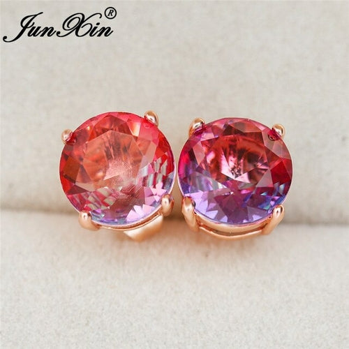 Rainbow Fire Crystal Stone Round Earrings Rose Gold Mystic Red Blue