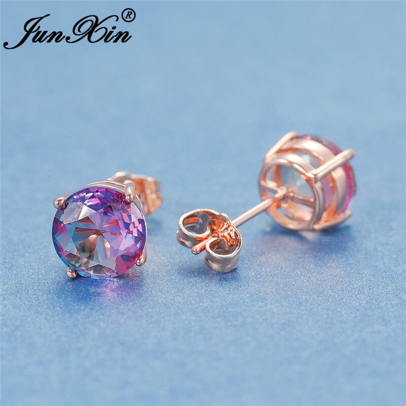 Rainbow Fire Crystal Stone Round Earrings Rose Gold Mystic Red Blue