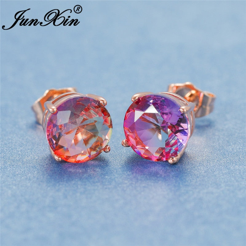 Rainbow Fire Crystal Stone Round Earrings Rose Gold Mystic Red Blue