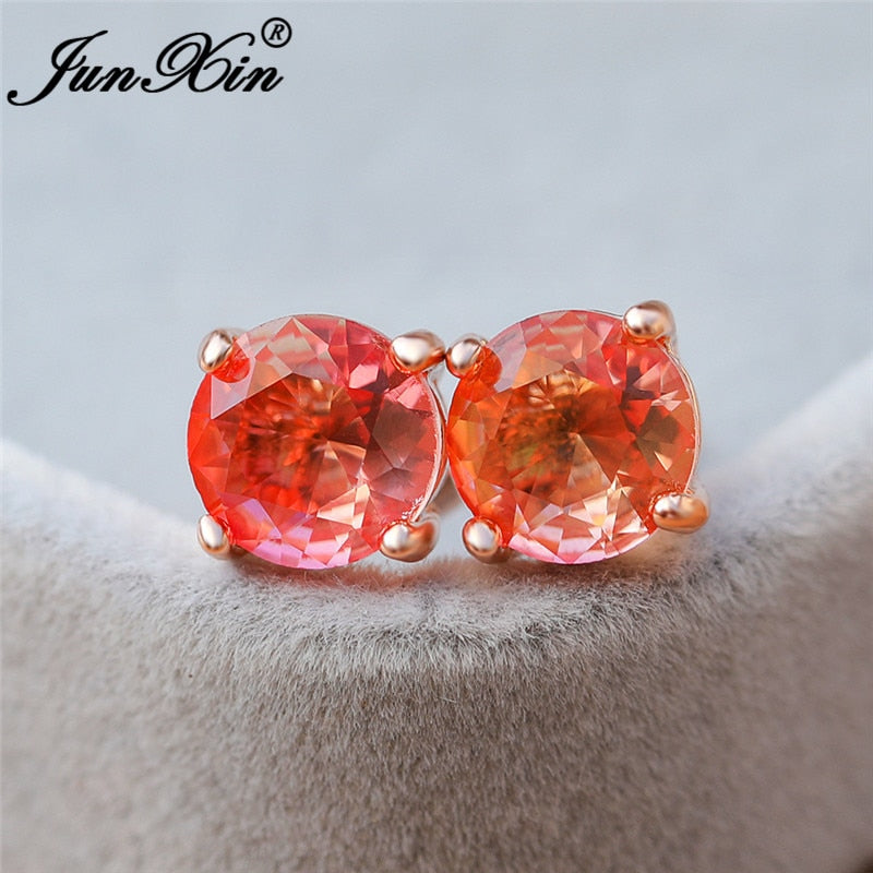 Rainbow Fire Crystal Stone Round Earrings Rose Gold Mystic Red Blue