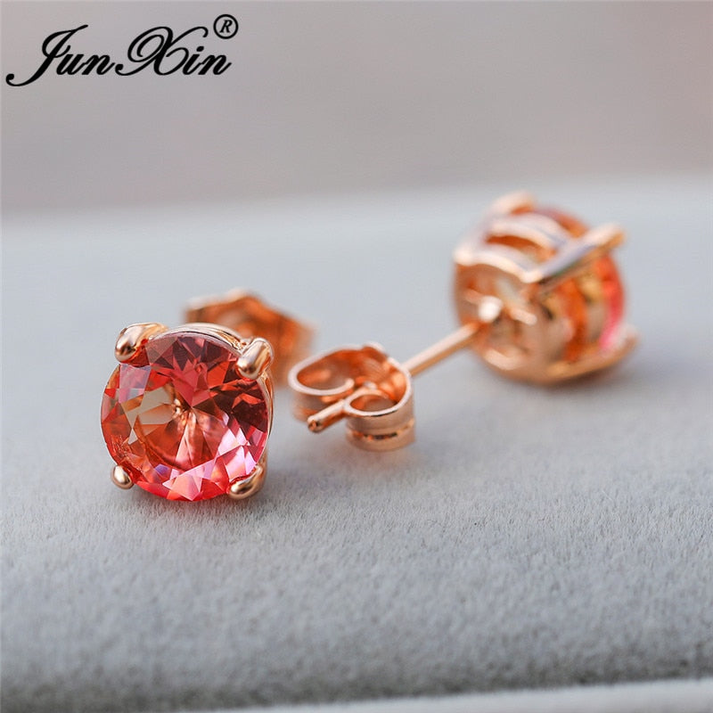 Rainbow Fire Crystal Stone Round Earrings Rose Gold Mystic Red Blue