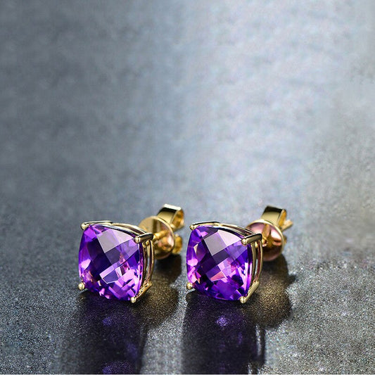 Romantic Gold Plated Purple Crystal Stud Earrings AAA Cubic Zirconia