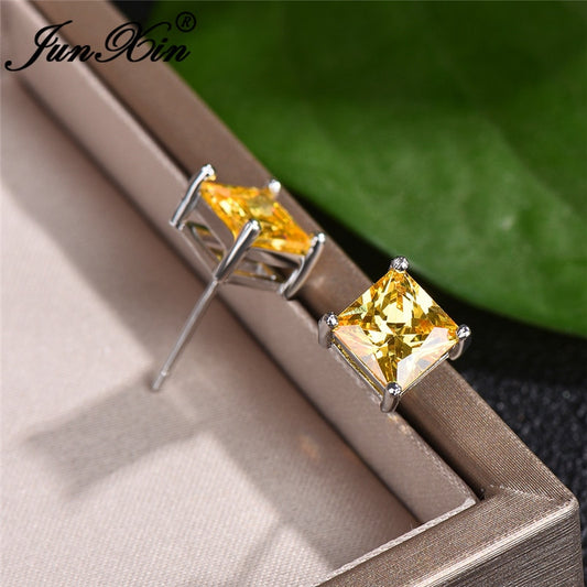 Vintage Yellow Crystal Princess Square Stud Earrings Geometric Zircon
