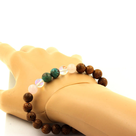 Chrysocolla + Titanium Quartz + Rose Quartz + wood Bracelet