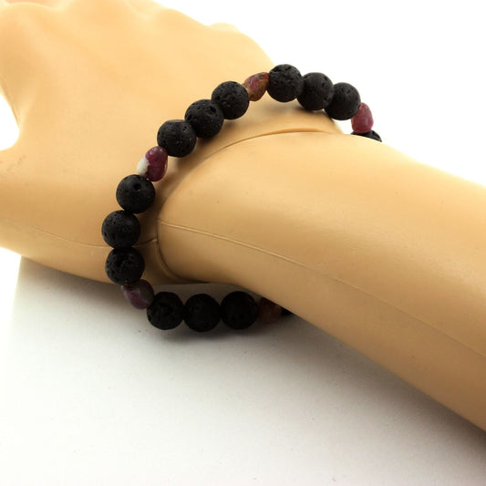 Rubellite Tourmaline from Brazil + Lava Bracelet 8 mm Beads.
