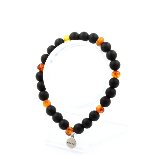 Genuine Baltic Sea Amber Beads + Matte black Onyx Bracelet 8 mm Beads.
