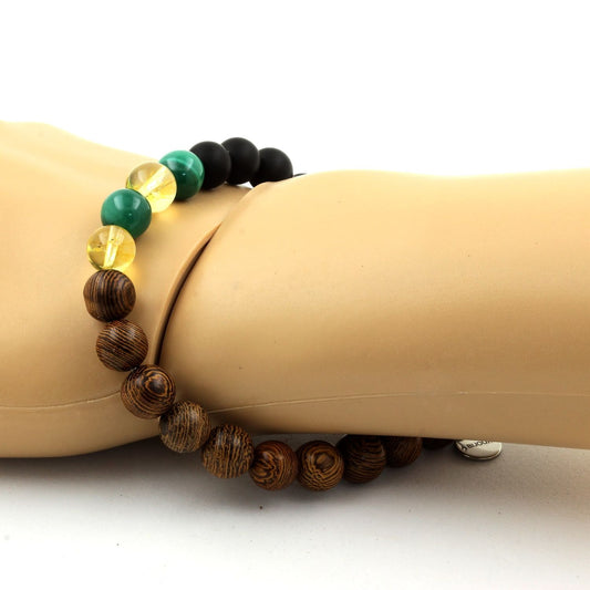 Malachite + Citrine + Matte Black Onyx + Wood Bracelet 8 mm Beads.