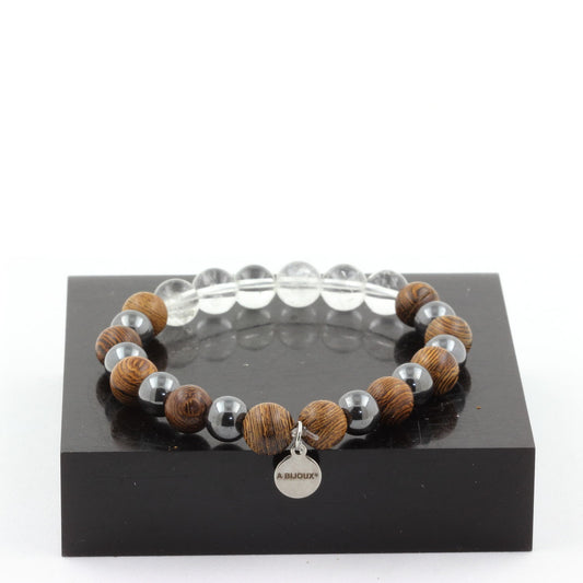 Quartz + Hematite + wood 8 mm beads Bracelet.