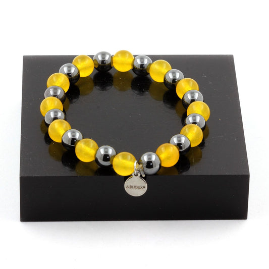 Hematite + Yellow Agate Bracelet 8 mm Beads.