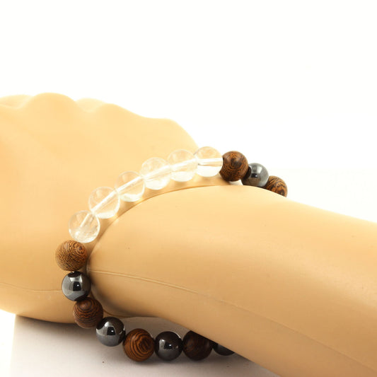 Quartz + Hematite + wood 8 mm beads Bracelet.