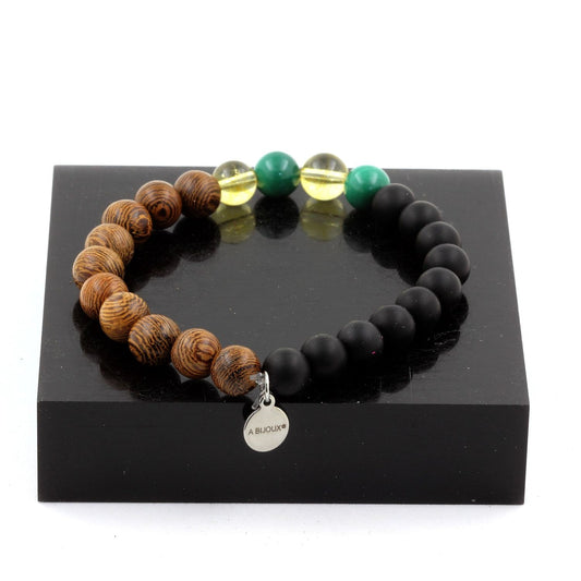 Malachite + Citrine + Matte Black Onyx + Wood Bracelet 8 mm Beads.