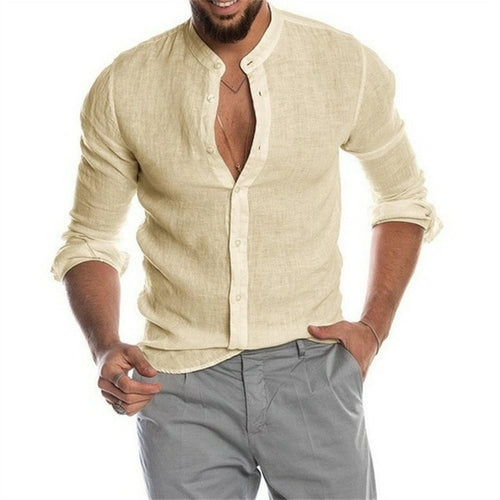 2022 Fashion New Men's Solid Color Linen Long Sleeve Shirt Stand